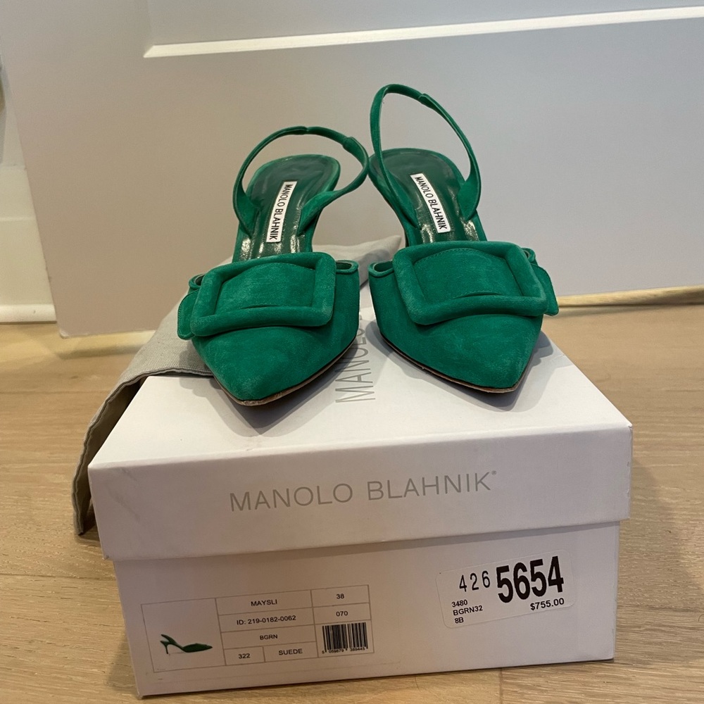 Manolo Blahnik Maysli Buckle Suede Slingback Pumps